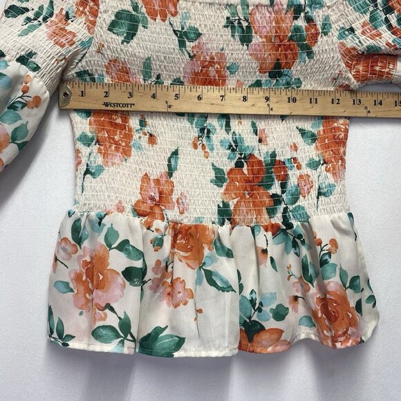 Mimi Chica Floral Off Shoulder Bell Long Sleeve Smocked Top Women Medium Cream - Picture 5 of 12